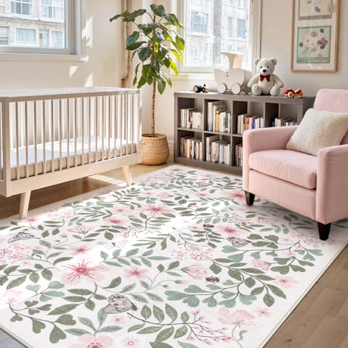 Lahome Reverie 8x10 Pink Floral Rug for Nursery & Girls Room, Washable Carpet for Boho Pink Home Decor, Non-Slip Carpet for Playroom, Toddler Retreat, Apartment Living Space