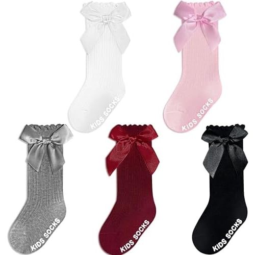 Baby Knee High Socks Non Slip Baby Girl Socks Cotton Bow Infant Stockings Ruffle Toddler Long Sock 0-12M/1-2Y