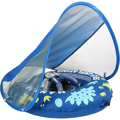 Mambobaby Float Self-Inflating Baby Swim Float with Canopy, Compressible Folding Pool Baby Float, Upgrade Soft Waterproof Skin-Friendly Material Toddler Swim Float (Standard Edition Blue)