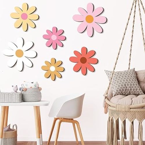Thyle 6 Pcs Daisy Wall Decor Wooden Daisy Art Flowers Wall Signs Hanging Plaque for Home Nursery Bedroom Farmhouse Bathroom Decorations Housewarming Gifts (Lovely Style,Pink Color)