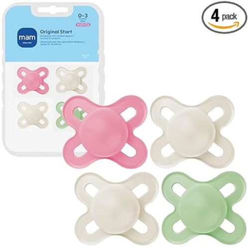 MAM Original Start Baby Pacifiers 0-3 Months, BPA-Free Skin Soft Silicone Nipple, Glows in The Dark, Developed with Medical Experts Specially for Smaller Newborn Mouths, 4 Pk, Made in Europe