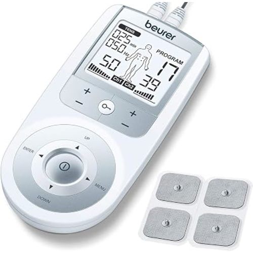 Beurer EM44 TENS Unit Muscle Stimulator with 50 Intensity Levels for Muscle Pain Relief, Muscle Stimulator Includes 4 Electrode TENS Pads, Belt Clip, and Batteries with Tens Machine, FSA-HSA
