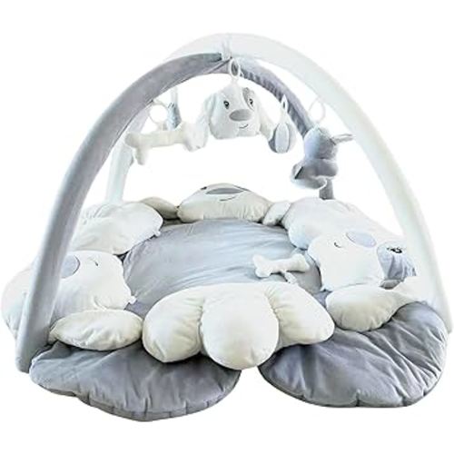 Baby Play Gym Mat - Ultra Soft 100% Cotton Thick Playmat with 6 Toys, Convertible to Ball Pit, Machine Washable & Adjustable for Newborn to Toddler (Grey Dog)