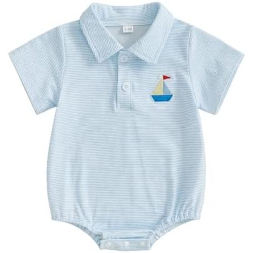 Gueuusu Newborn Baby Boy Summer Outfit Sailboat Embroidery Short Sleeve Lapel Button Up Romper Loose Fit Striped Jumpsuit