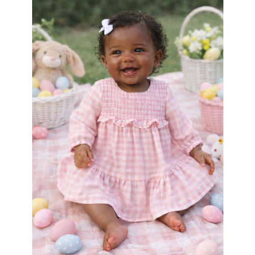 Smocked Ruffle Tiered Dress & Bloomer, Pink Gingham