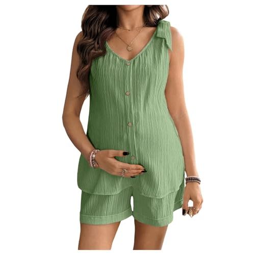 OYOANGLE Women's 2 Piece Maternity Set Textured Tie Shoulder Lounge Outfits | Maternity Tank Top Shorts Sets, Maternity Shoot Baby Shower Home Summer Vacation Occasions