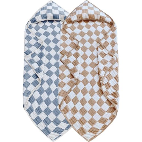 Ultra Soft Checkered Muslin Hooded Baby Towels for Newborn Boys and Girls 2 Pack 32x32 inch Cotton Muslin Baby Bath Towels for Newborns Toddlers,Newborn Essential (Blue and Coffee)