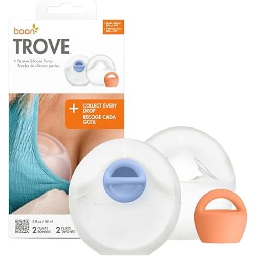Boon Trove Silicone Manual Breast Pump - Discreet Milk Collector - 2 Count | Hands Free Breast Pump, Includes Canvas Travel Pouch, Breastfeeding Essentials, Passive Suction, Collects Up To 3 Ounces
