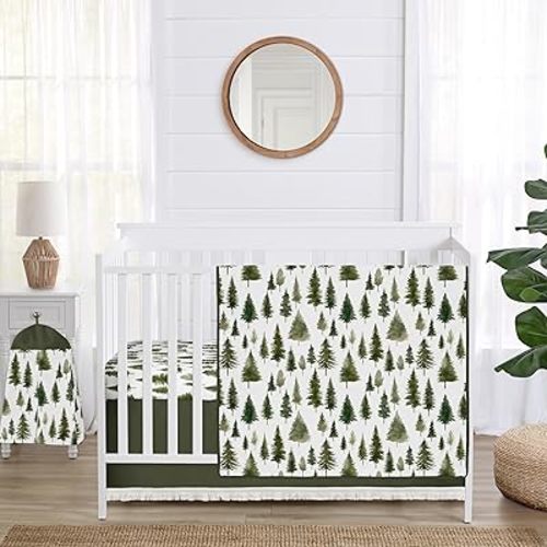 Sweet Jojo Designs 4-Piece Baby Crib Bedding Set (Sage Green Woodland) for Boys/Girls, Infants/Nursery incl. Blanket, Fitted Sheet, Skirt, Diaper Stacker (Forest Themed, Nature, Pine Tree, Abstract)