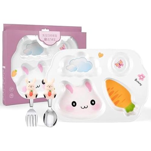 Kids Plate and Utensil Set, Kid's Dinner Tray Divided Plates and Utensils, BPA-Free Shatter- Resistant 4 Compartment, Picky Eater Friendly Dinnerware Set for Girls - Bunny