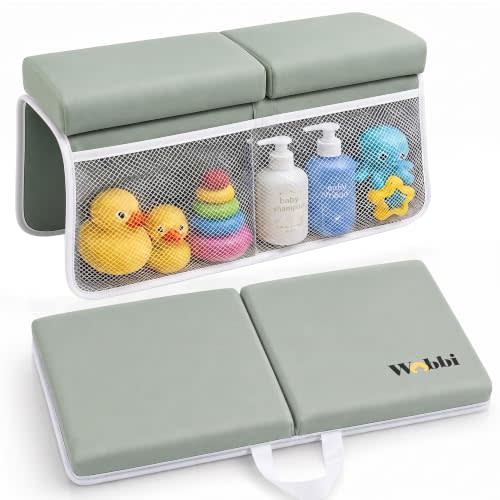 Wobbi Baby Bath Kneeler and Elbow Rest Pad Set | Extra Thick Memory Foam | Comfortable Bath Time | Non-Slip Suction Base | 4 Storage Pockets & Quick-Dry Design for Parents | Green