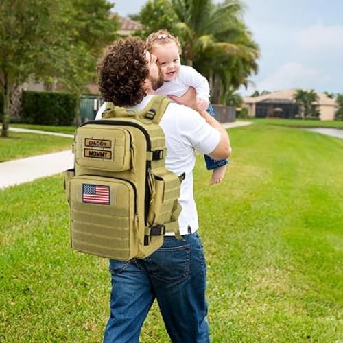 SHARKMOUTH Military Diaper Bag for Baby - Large Baby Backpack with Changing Pad for Boy Girl - Army Dad Diaper Bag for Hiking Travel Camping Trips Tan