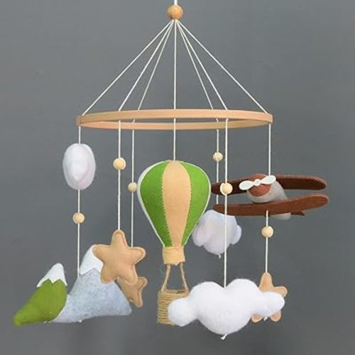 Handmade Felt Baby Mobile for Crib Boys, Adventure Theme Crib Toys Hanging with Airplane & Hot Air Balloon, Wooden Baby Crib Mobile for Nursery Decor