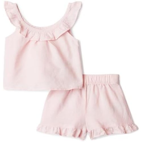 Amazon Essentials x Sofia Grainge Toddlers and Baby Girls' Cotton Linen Sleeveless Top & Shorts Set with Ruffles