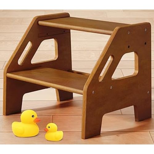 Wooden Toddler Step Stool for Bathroom Sink, Dark Wood Kids Toilet Step Stool for Toddlers Potty Training, Baby Child Stepping Stools with Handle for Bedroom Bed Kitchen Counter (Walnut Brown)