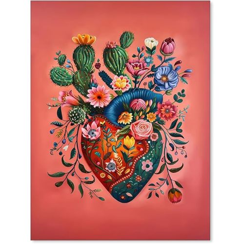 Mexico Blooming Heart Canvas Poster Colorful Vintage Botanical Wall Art Funky Trippy Pink Prints for Bed Living Room Apartment Wall Decor 12X16 inch Unframed