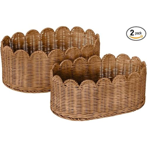 BEBE BASK Premium Scalloped Basket Set Of 2 - Scallop Basket - 16 x 10 x 7 Inch - Hand-Woven Elegant Wicker With Scalloped Edge - Nursery Storage (Mocca)