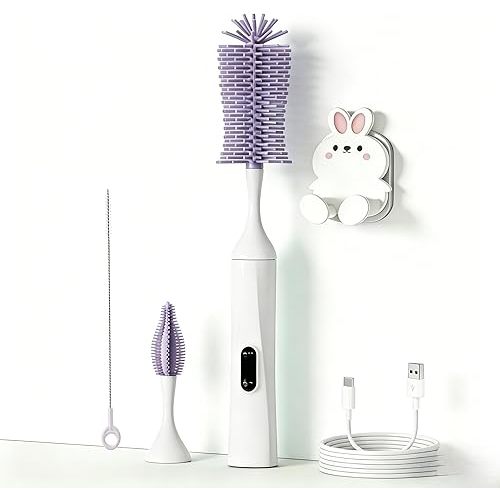 Rechargeable Electric Bottle Brush with 2 Speeds Powerful Automatic Bottle Cleaner,BPA-Free Silicone Spinning Design, Wall Mount & Straw Cleaner,Suitable for Baby Bottles & Kitchen (White+Purple)