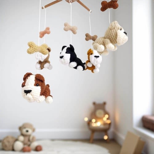 Crochet Bulldog Puppy Baby Mobile, Dog Nursery Decor