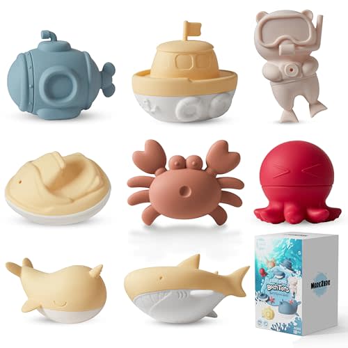 MarcZero Ocean Silicone Bath Toys 8Pcs for Toddlers Kids Babies,Bathtub Water Toys,Soft Squeezable Easy-Grip Pool Toys Set (Yellow)