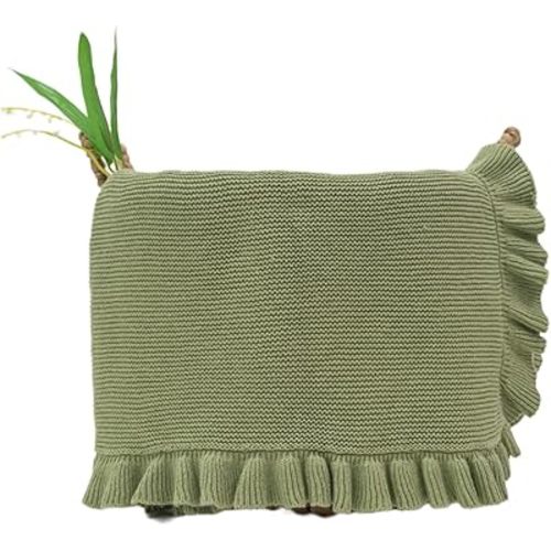 Cotton Baby Blanket with Ruffle Edge Soft Breathable Newborn Blanket for Boys & Girls, Lightweight Knit Throw for Crib, Stroller & Nursery Multiple Colors Available Sage Green 30x30