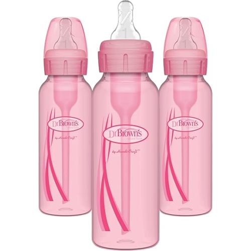 Dr. Brown's Natural Flow Anti-Colic Options+ Narrow Baby Bottles 8 oz/250 mL, with Level 1 Slow Flow Nipple, 3 Pack, 0m+ Pink