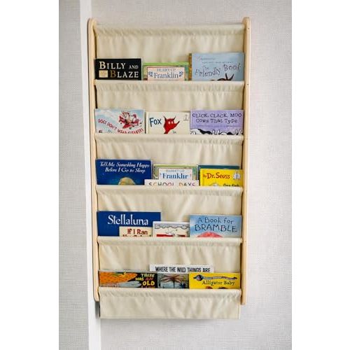 Montessori Wall Mounted Soft Canvas Fabric Bookshelf 5 Tier, Solid Pine Wood Kids Book Rack with Deep Pocket, Nursery & Playroom Space Saving Behind Door Shelf