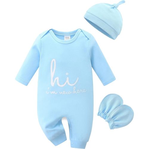 Babymine Cute Newborn Unisex Baby 100% Cotton Long Sleeve Onesie Coming Home Outfits,Soft Romper with Mittens & Hat