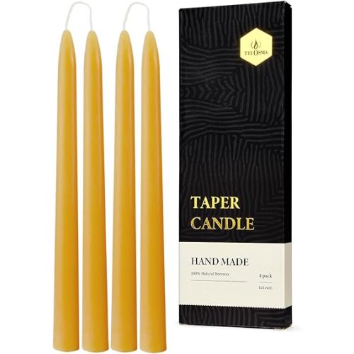 10 inch Natural Beeswax Taper Candles 4 Pack - Dripless Candle 100% Pure Unscented Beeswax, 8 Hours Long Burning Time -Yellow