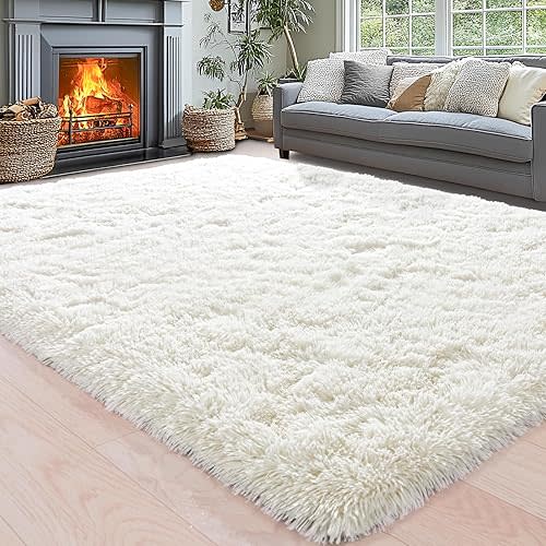 Area Rugs for Living Room 6x9, Ultra Soft Fluffy Rug for Bedroom, Modern Shaggy Carpets Fuzzy Rug for Girls Boys Room Home Indoor Nursery Teens Dorm Decor, Upgrade Non-Slip Durable, Cream White