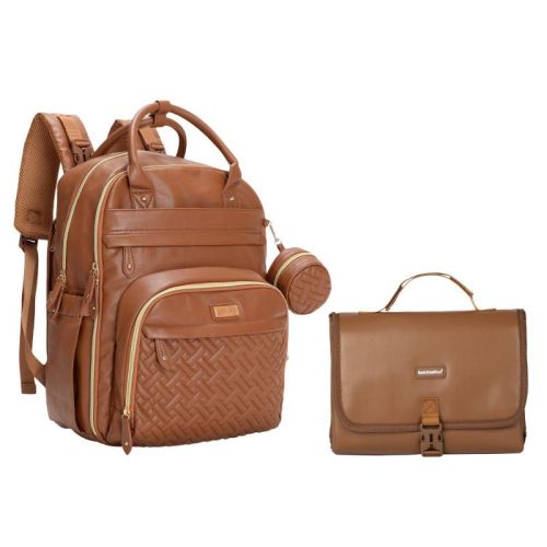 BabbleRoo Premium Vegan Leather Diaper Bag Backpack & Vegan Leather Changing Pad, Spacious & Stylish, Natural Brown Pañaleras