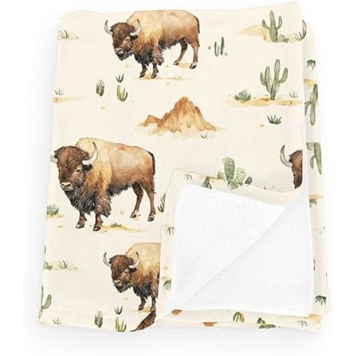 Vintage Western Buffalo Cactus Baby Blanket Girls Boys Retro Bisons Mountain Flannel Fleece Wild West Blanket for Kids Infant Newborn Breathable Toddler Newborn Nursery Crib Bed Blankets