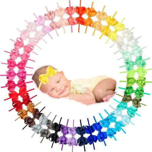 CÉLLOT 40 Colors Baby Bow Headbands 3" Hair Bows Super Soft Nylon Headbands for Baby Girls Infants preemie and Newborn Kids Hair Accessories
