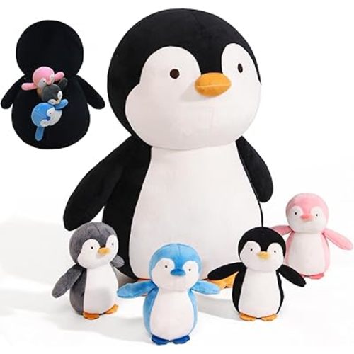 MMguai 5 Pcs Penguin Stuffed Animal Plush Toys, 16 Inch Stuffed Mommy Penguin with 4 Cute Babies in Zippered Belly, Big Soft Toys Cuddly Plushie Gift for Kids Boys Girls, Birthday, Party
