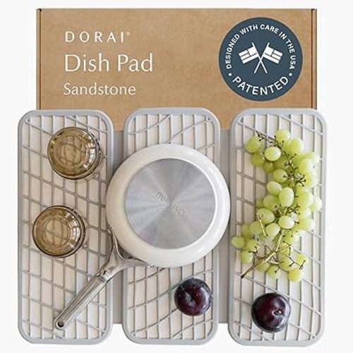 Dorai Home Dish Pad - Collapsable Stone Dish Drying Mat with Diatomaceous Earth for Quick Drying - Ultra Absorbent - Encased in Woven Silicone - Eco-Friendly, Foldable - Original 19.9"x15.2" Sandstone