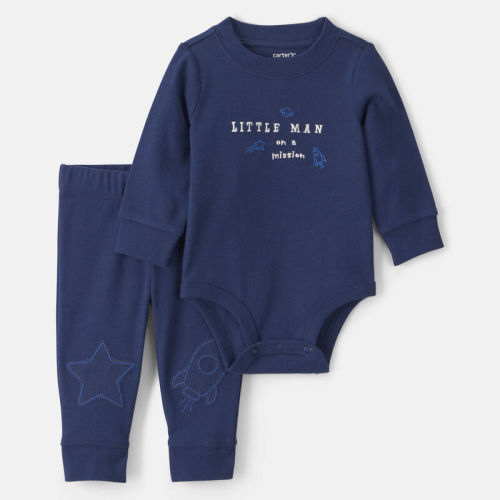 Baby Boy 2-Piece 'Little Man On a Mission' Space Long-Sleeve Bodysuit & Pant Set - Navy Blue | Carter’s Oshkosh Canada