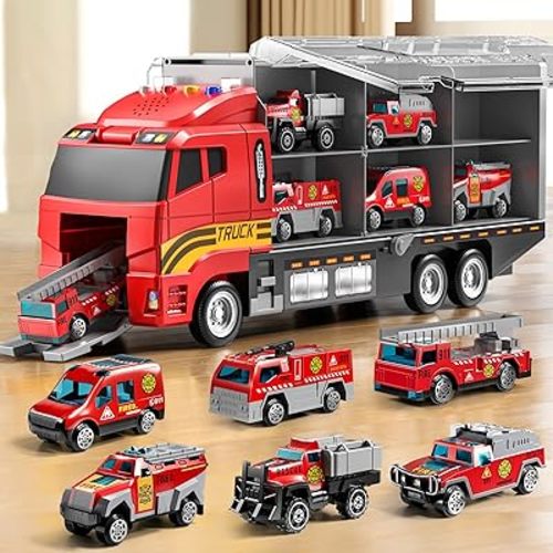 Toddler Boys Toys for 3-5 Years Old, Fire Truck Vehicle Set with Play Mat and Die-Cast Toy Car, Transport Carrier Truck for Kids 3-5, Birthday Gifts Toys for 3-8+ Year Old Boys