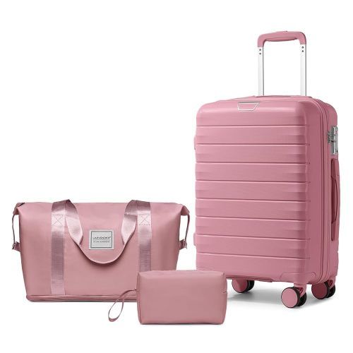 LARVENDER Luggage Sets 3 Piece with Duffel Bag Hardside PP Carry On Suitcase with 360° Spinner Wheels TSA Lock Luggage Sets for Women, Pink