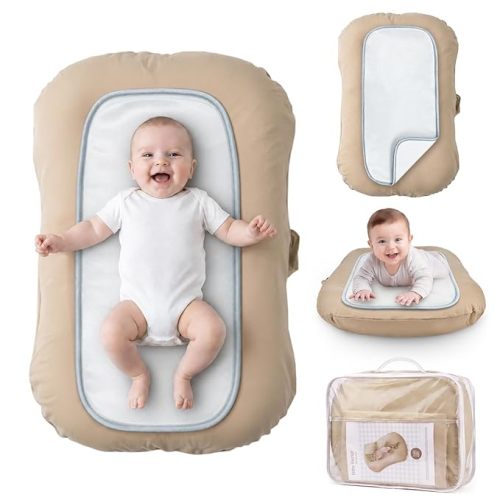 Baby Lounger for Newborn - Infant Lounger 0-24 Months, Soft Breathable Cotton, Perfect for Tummy Time, Portable Baby Nest Pillow for Home & Travel (Light Camel, Cover Included)