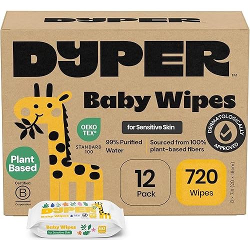 DYPER Baby Wipes Unscented (720 Count) - 99% Water-Based & Hypoallergenic Baby Wipes, Made with Plant-Based Materials, Gentle for Sensitive Skin, Fragrance & Plastic-Free Wet Wipes, 12 Pack