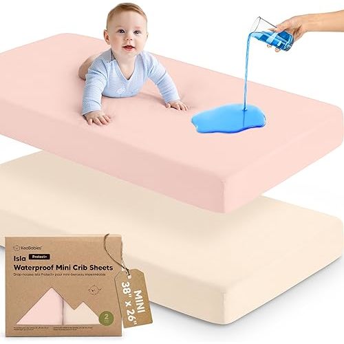 2-Pack Waterproof Pack and Play Sheets, Mini Crib Sheets Fitted for Boy, Girl - 38 x 26 Viscose from Bamboo Pack N Play Mattress Sheets for Graco, Toddler Playard Baby Crib Sheets Neutral (Cameo)