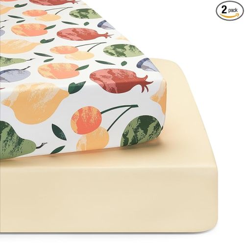 TILLYOU Baby Crib Sheets for Boys Girls, Super Soft Toddler Bed Sheets, 2 Pack Sheets for Standard Crib Mattress 28x52in, Fruit Shadow