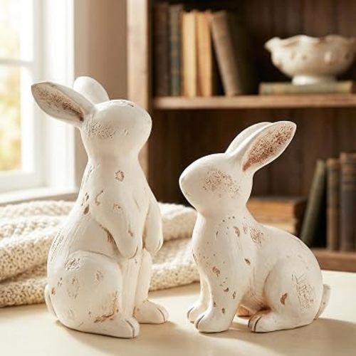 2PCS Vintage Easter Bunny Decor White Resin Rabbit Figurines