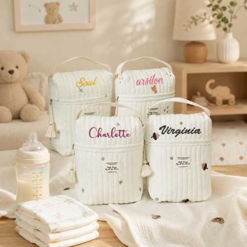 Personalized Baby Bottle Bag, Embroidered Name Diaper Pouch, Quilted Travel Organizer, Baby Shower Gift