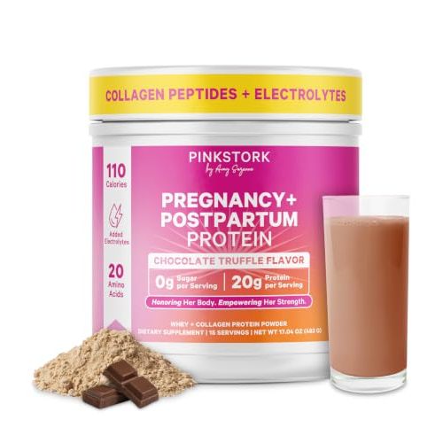 Pink Stork Pregnancy & Postpartum Protein Powder, 20g, Chocolate, 15 Scoops | Protein Powder for Women, 20g Whey & Collagen, Prenatal & Breastfeeding Nutrition, Energy, Recovery & Hydration Support