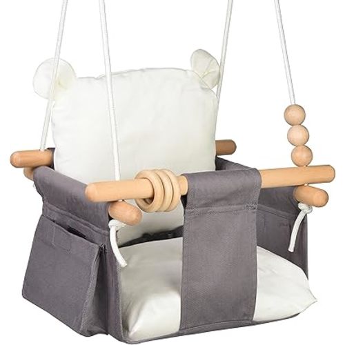 Canvas Baby Hanging Swing Baby Hammock Swings with 2 Side Pockets Safety Belt & Cotton Cushion Seat Infant Baby Swing Fabric Toddler Porch Swing Outside Hanging Baby Tree Swingoor Swings