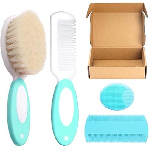 Baby Hair Brush and Comb Set, 4Pcs Baby Soft Bristles Brush Cradle Cap Brush Hair Comb for Newborns Toddlers Boys Girls (Green)