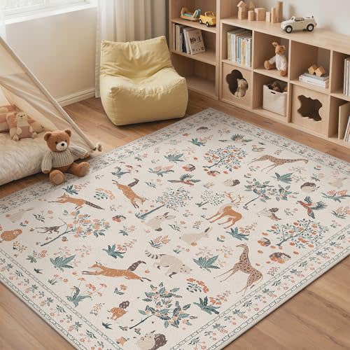 BESBLEE Rugs for Living Room 5x7 Floral Animal Print Area Rug Machine Washable Rug, Non Slip Low Pile Carpet for Bedroom, Entryway, Nursery, Playroom, Beige