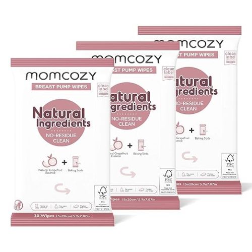 Momcozy Natural Breast Pump Wipes for Pump Parts Cleaning On-the-go, 30 Count (Pack of 3), Flash Clean & Resealable Pump Wipes