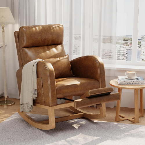 PU Leather Rocking Chair w/ Extendable Footrest and Pockets 300 lbs nurserys and Living Room Orange